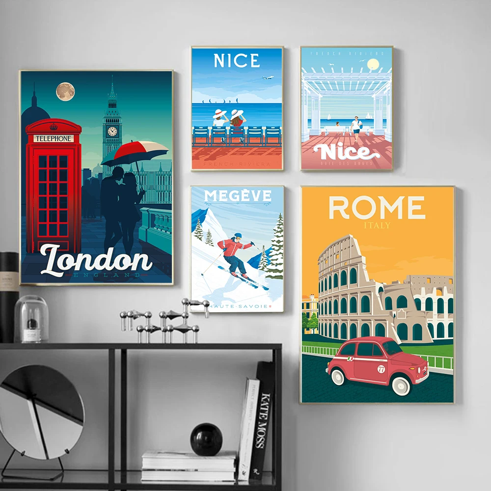 

Nordic France Nice Poster Travel Landscape Canvas Painting Cartoon Art Print London Rome Wall Picture For Living Room Home Decor