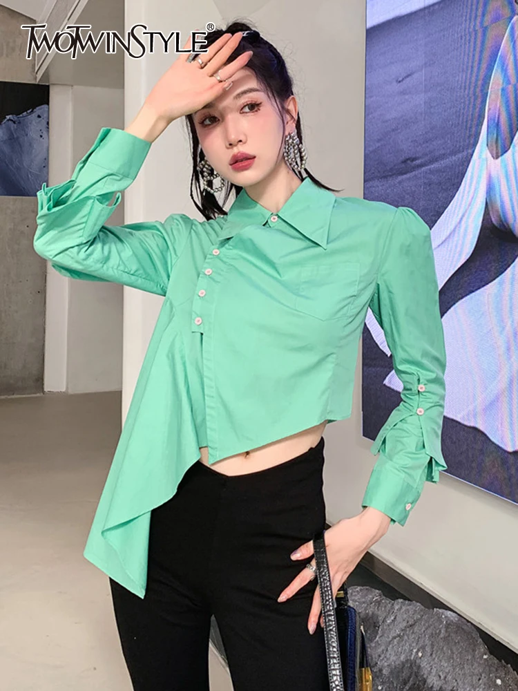 

TWOTWINSTYLE Minimalist Shirts For Women Lapel Long Sleeve Patchwork Button Casual Loose Irregular Summer Blouse Female Fashion