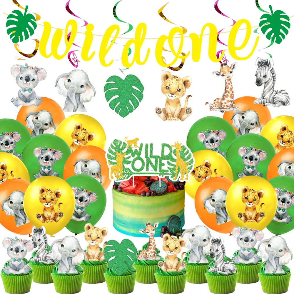 

64pcs Green Wild Animals Theme Party Decorations Baby Shower Wild One Theme Balloons Cupcake Flags Banners Ceiling Decorations