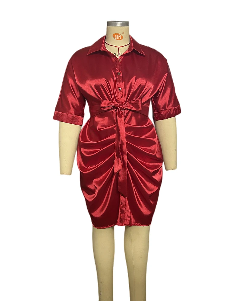 Plus Size Summer Dresses Half Sleeve Pleated Shirt Dress Office Ladies Solid Lapel Casual Mini Dress Wholesale Dropshipping