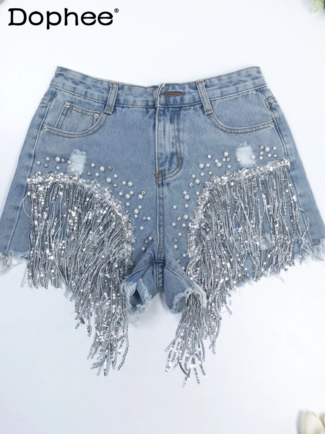 

2022 Summer Denim Shorts Women's High Waist Exquisite Rhinestone Tassel Jeans Shorts Loose Casual Wide-Leg Short Pants Fashion
