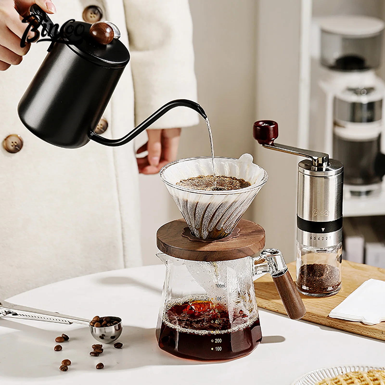 Фото Набор кофеварки Bincoo Pour Over, 800 мл, стеклянный графин для кофе со стеклянным фильтром для кофе, набор капельных кофеварки для дома или офиса №3