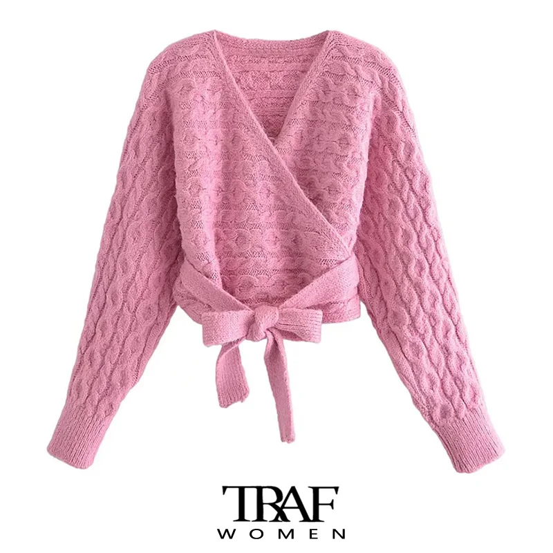 

TRAF Za Women Fashion With Tied Wrap Cable-knit Cardigan Sweater Vintage V Neck Long Sleeve Outerwear Chic Tops