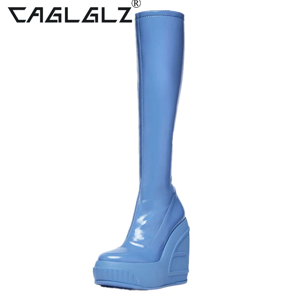 2023 CAGLGLZ Autumn and Winter New Women's Zipper Round Head Fashion Party Lacquer Leather Wedge High Heel Boots 14 inch shoes