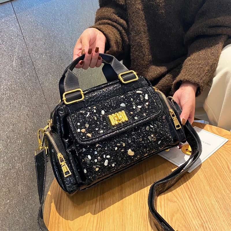 New Ita Bag Women Black Sparkle Handbag for Women Top Handle Tote Bag Fancy Frilss Female Shoulder Bags Trend Sac A Main