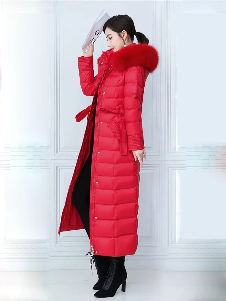 New Women Winter Down Coat Fashion Real Fox Fur Collar Detachable Hooded Lengthened Belt Down Jacket Thicken Warm Overcoat