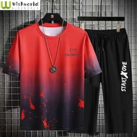 2022 spring and summer new korean loose large fashion t shirt top casual shorts two piece sweatpants mens clothing