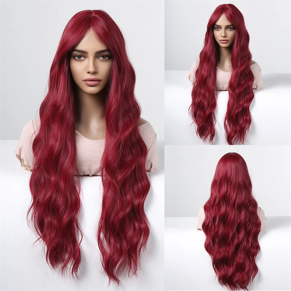 

Wine Red Burgundy Synthetic Wigs Long Water Wave Wigs with Bangs for Black Afro Women Daily Cosplay Party Natural Heat Resistant