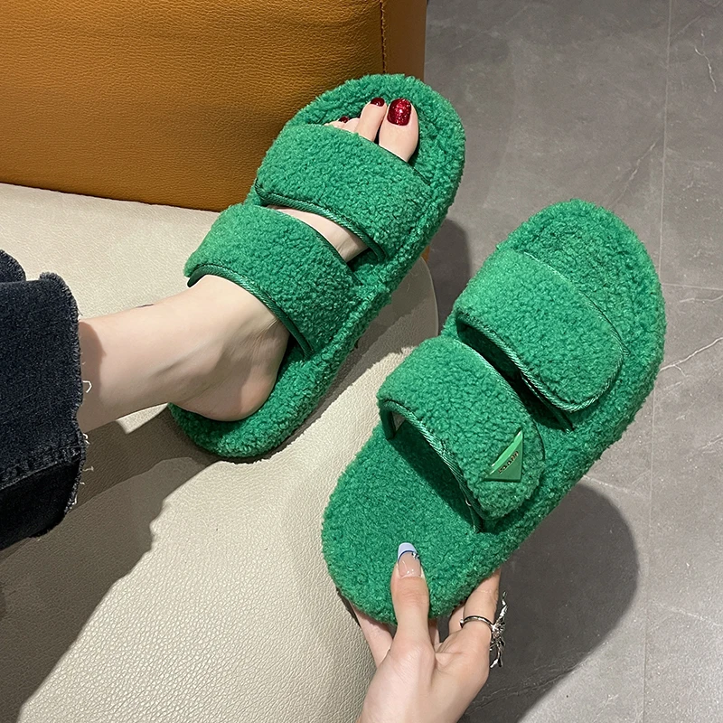 

Женские домашние хлопковые шлепанцы, на платформе, меховые шлепанцы, дизайнерские плюшевые тапки на плоской подошве, 2022
