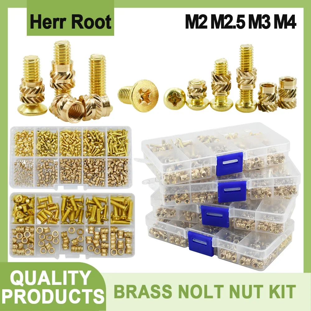

M2 M2.5 M3 M4 Brass Phillips Cross Countersunk Round Head Threaded Bolts Screws Hot Melt Knurled Injection Insert Nut Set Kit