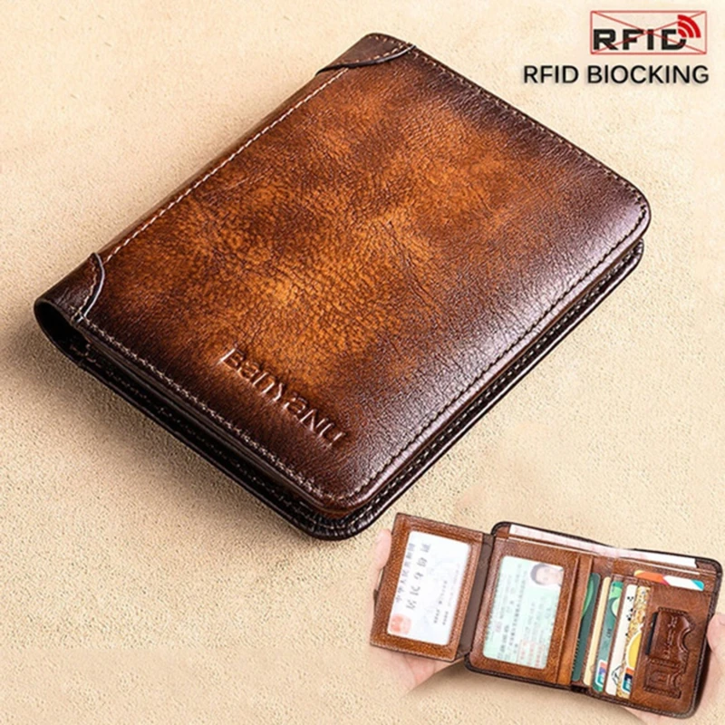Men Wallet Genuine Leather Rfid Blocking Trifold Wallet Vintage Thin Short Multi Function ID Credit Card Holder Male Purse Money 2