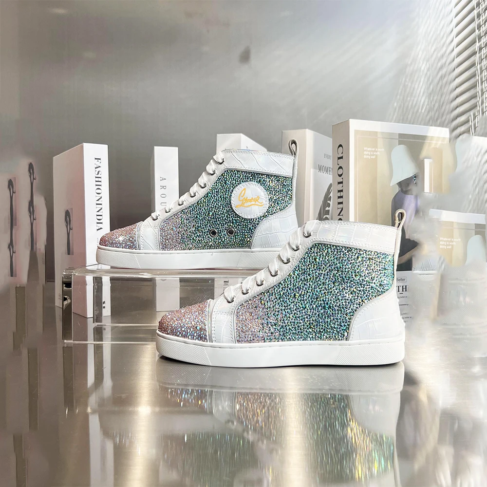 

Luxury Green Pink Crystal Casual Shoes Leather Rhinestones High Top Sneakers Punk Women Men Flats Lace UP Trainers Shoes