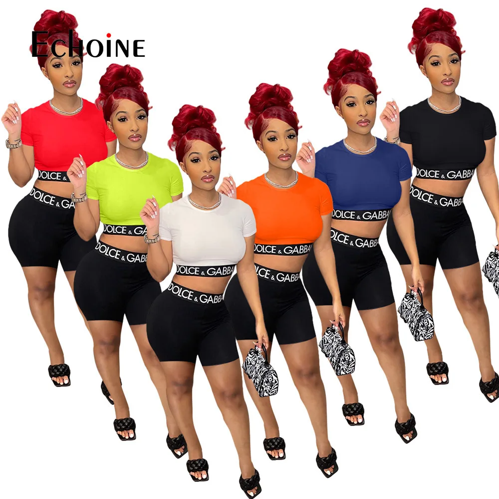 

Echoine Summer Women Letter Print Casual Two Piece Set O Neck Short Sleeve Skinny Crop Top with Shorts Party Sports Yoga Outfits