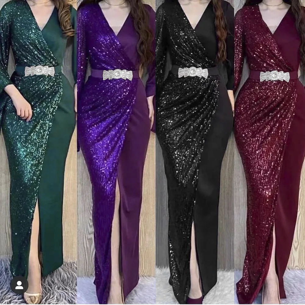 

Luxury Elegant Sequins Patchwork Loose Sleeve High Waist Mother of The Bride Dresses Long Slim V Neck Muslim Bridesmaid Robes