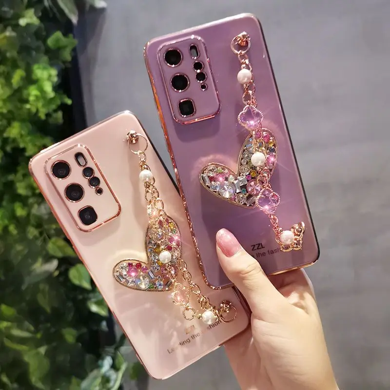 

Glitter Flower Pendant Phone Case for Samsung S23 Plus S22 S21 Fe S20 A72 A52 A32 S10 A51 Coque Crystal Heart Cover Soft Funda