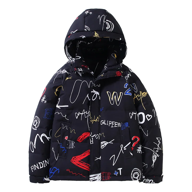 Winter new printed tide brand down jacket men's thickened warm hooded couple casual graffiti bread jacket