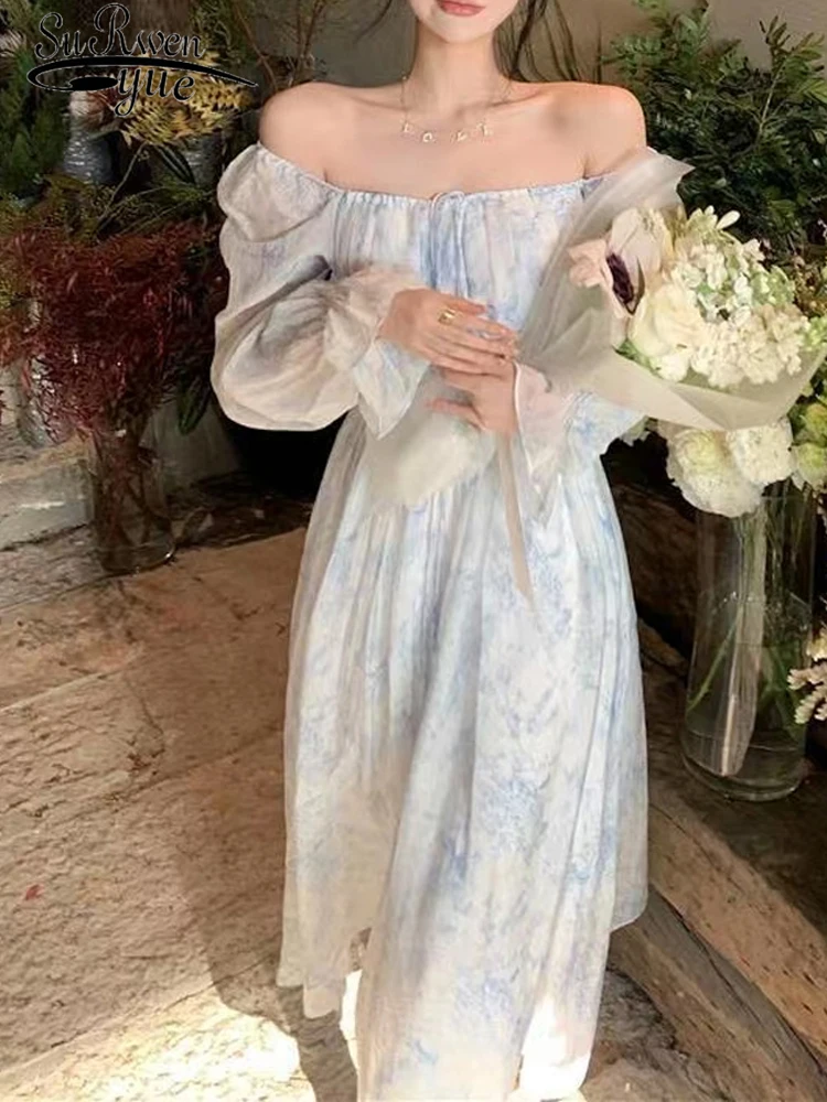 

Платье женское шифоновое средней длины с рукавами-фонариками и высокой талией