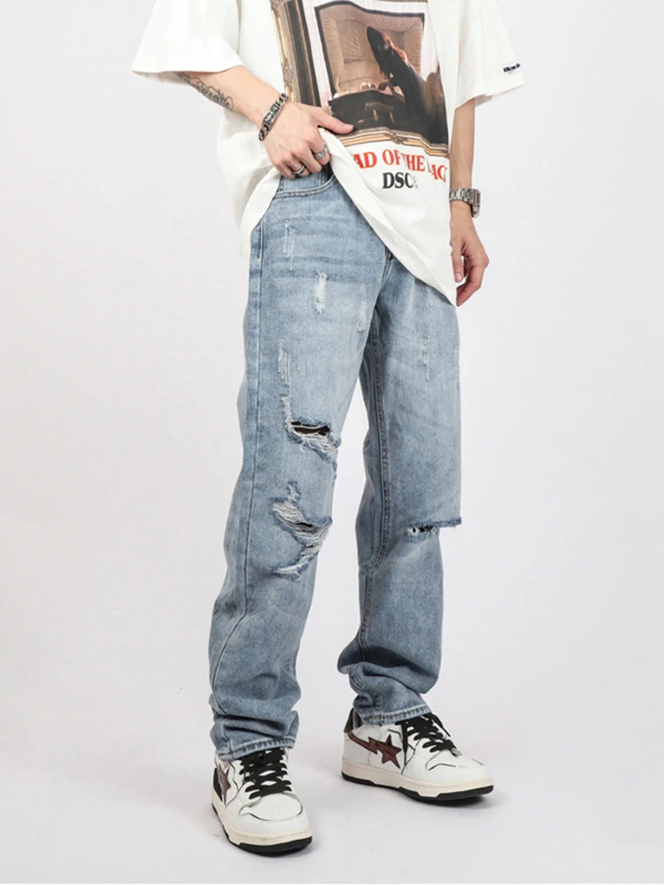 Men's Loose Jeans Straight Leg Pants with Ripped Holes and Washed Vintage Streetwear Korean Style Casual Clothes Denim Trousers