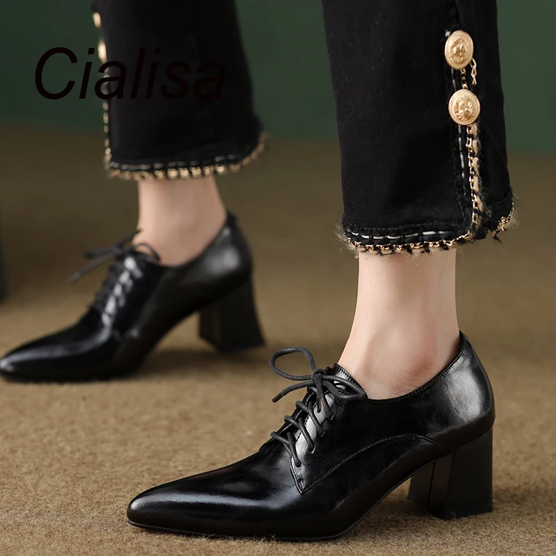 Cialisa Big Sizes 42 Women Shoes New Spring Pointed Toe Genuine Leather Pumps Brown Cross-Tied Office Lady High Heels Footwear