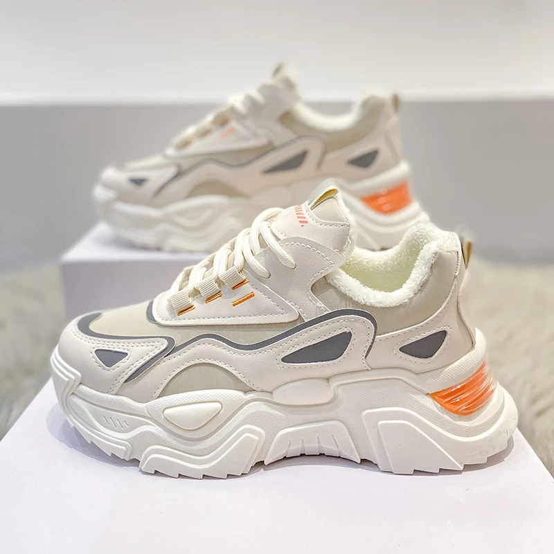 

XIXIYIPIN Fashion Trend Women Chunky Sneakers Walking Breathable Flats Platform Lace-up Skateboard White Sports Vulcanized Shoes