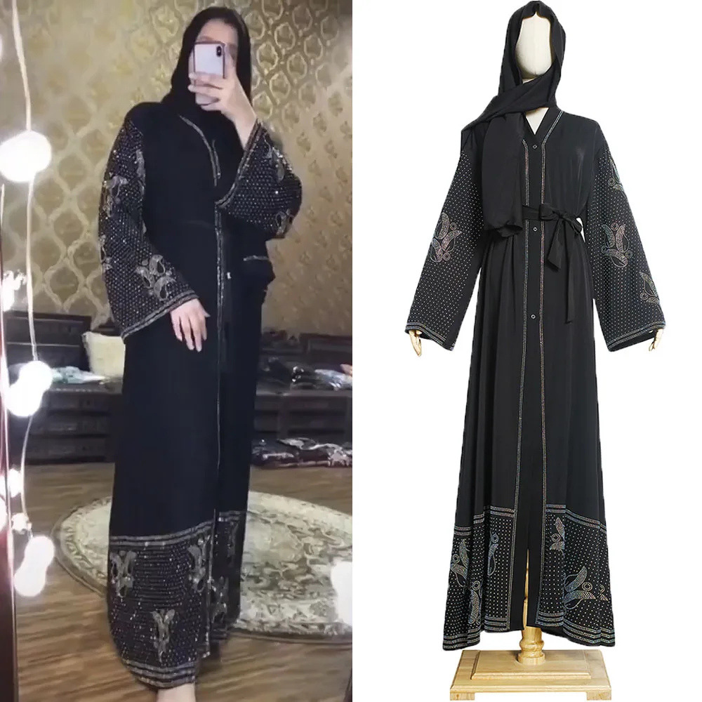 

3 Pieces Matching Sets Diamond Abaya Dubai Turkey Muslim Hijab Dress Caftan Arabic Islamic Clothing Kimono Femme Robe Outfits