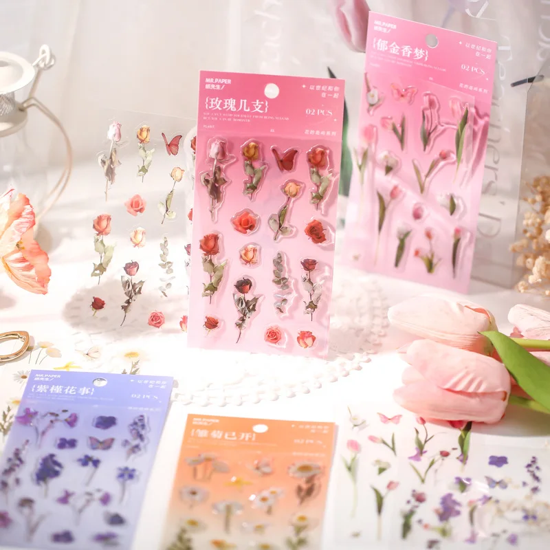 

2 Sheets Rose Tulip Daisy Stickers Various Plants Flowers Epoxy Stickers For Scrapbooking Journal Diy Art Crafts Laptop