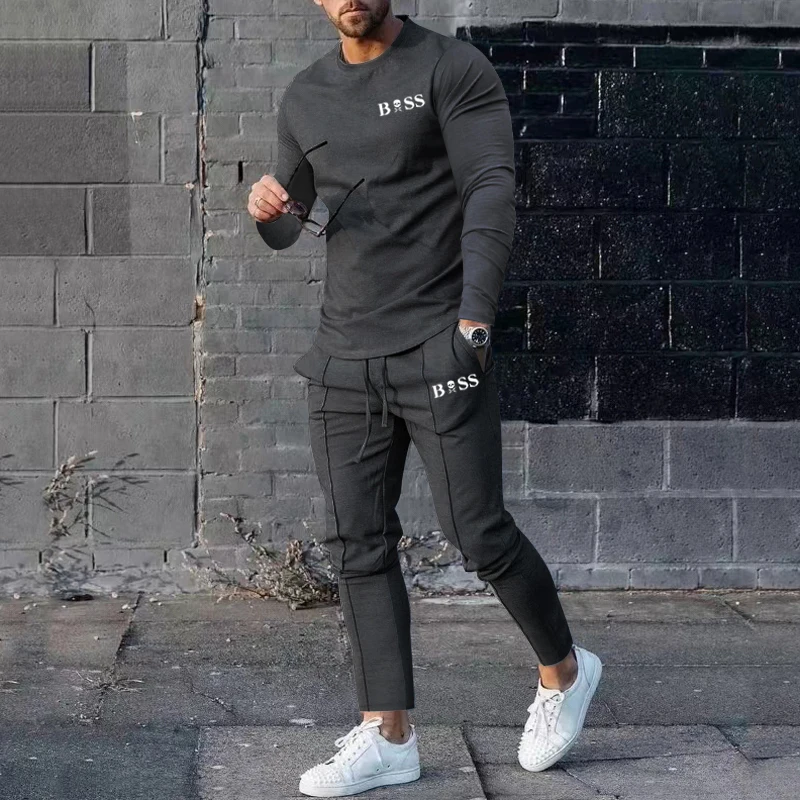 Men's Spring and Autumn Casual Solid Color Round Neck Top + Sports Pants Workout Fitness Boutique Set