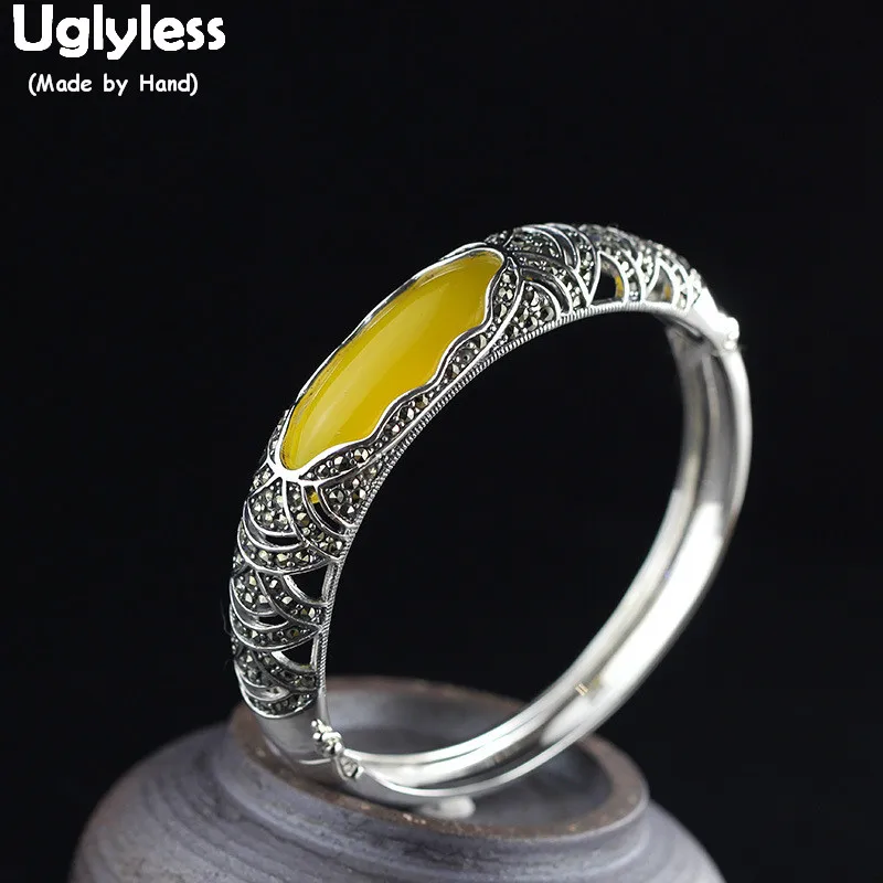

Uglyless Real Gemstones Chalcedony Hollow Bangles for Women Solid 925 Sterling Silver Fine Jewelry 58MM Opening Bangles BA635