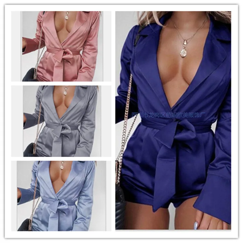 

WEPBEL Women Sexy Playsuit Lady Elegant Fashion Long Sleeve Lapel Collar High Waist Corset Lace Up Straight Shorts Romper