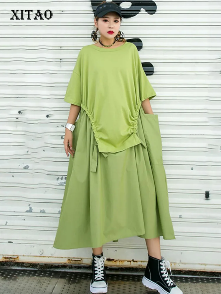 

XITAO Drawstring Pleated Dress Women Clothes 2020 Summer New Fashion Loose Pullover Short Sleeve Elegant Dress DMY4245