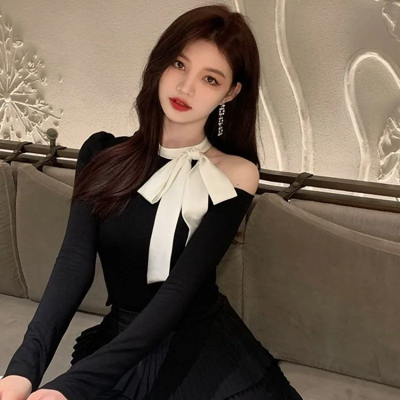 Модный тонкий однотонный трикотаж с бантом женский весенне-осенний сексуальный