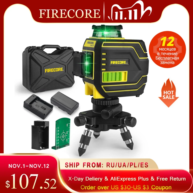 

FIRECORE F94T-XG 12 Lines 3D Green Laser Level 360 Nivel láser Horizontal Vertical Cross Lines Self-Leveling Suitcase