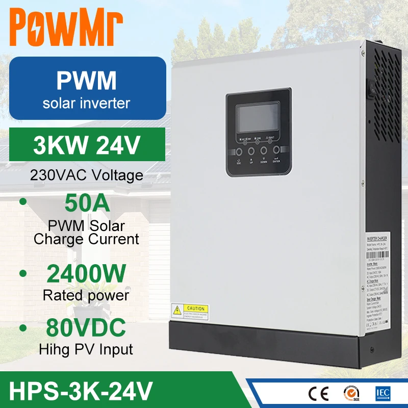 

PowMr 2.4KW Hybrid Solar Inverter Pure Sine Wave Inversor 24V to 220V With PWM 50A Solar Charge Controller Battery Charger