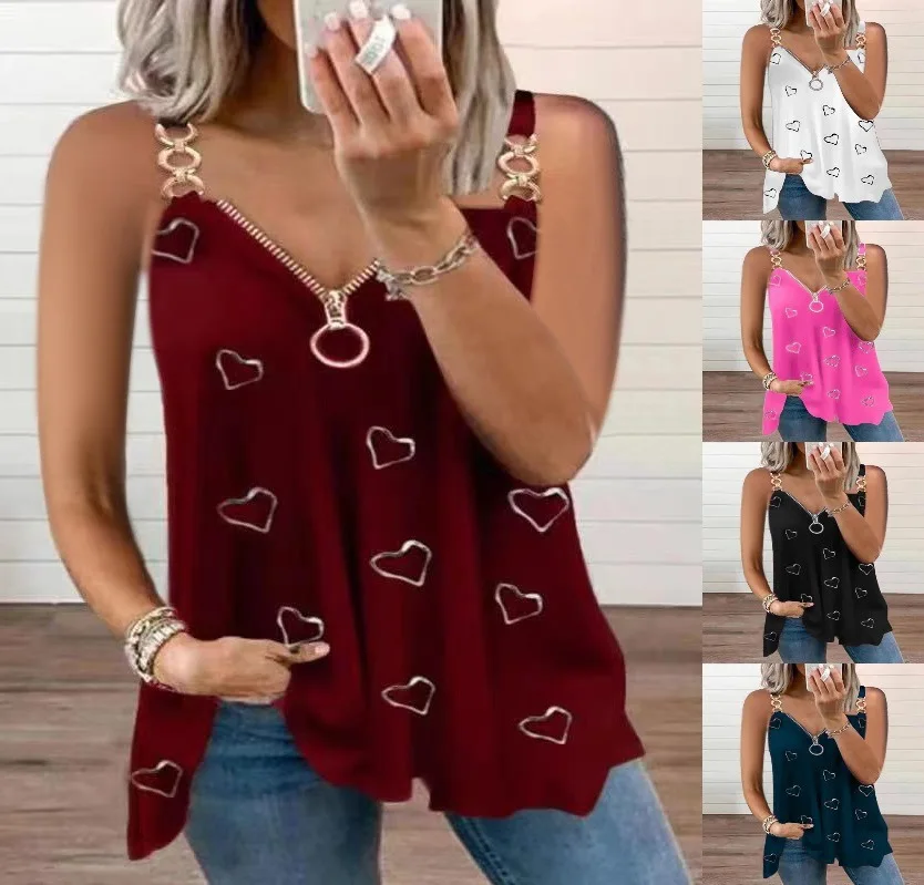 

2022 Love Printed Metal Ring Sling V-neck Zipper Loose Top Halter Top Women