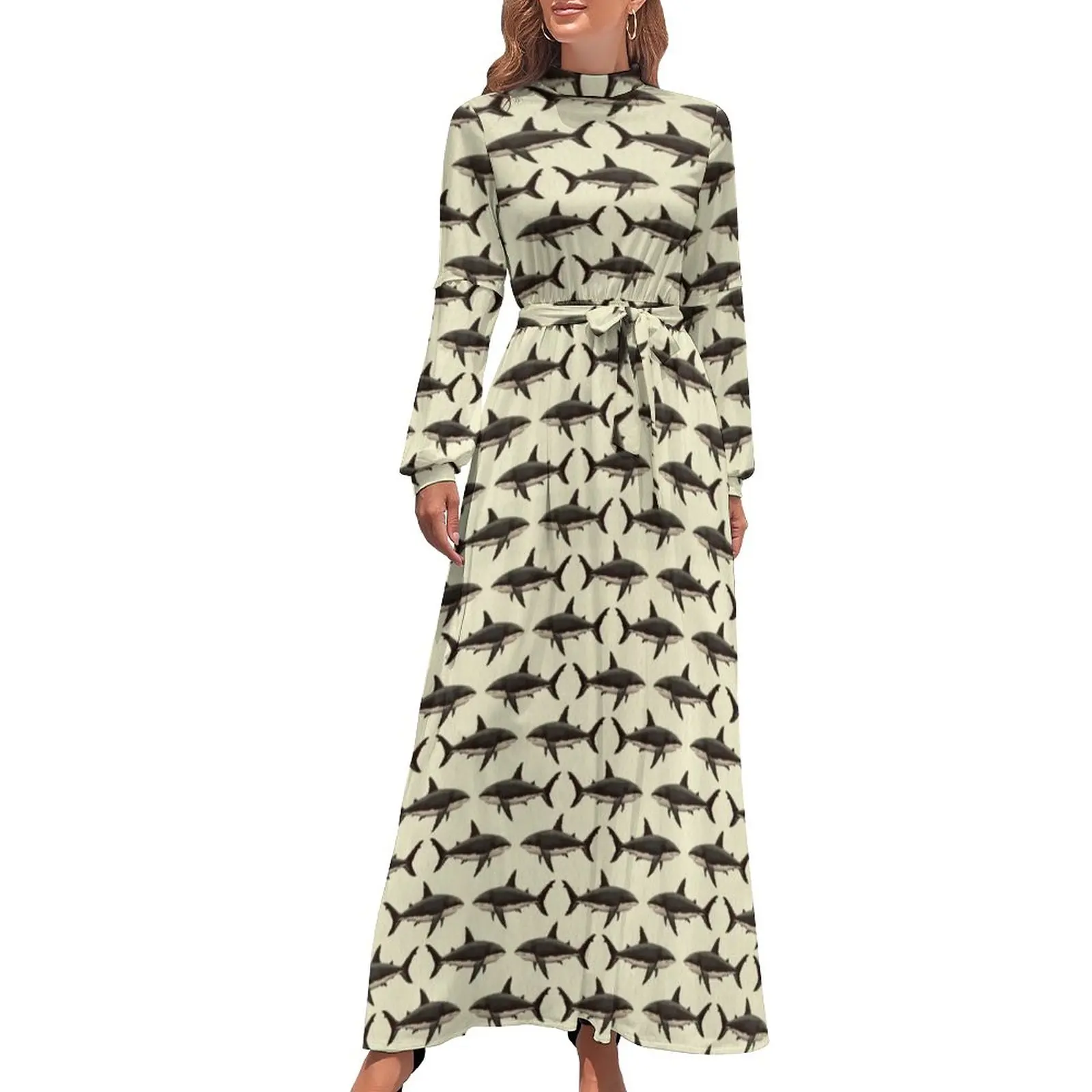 

Great White Shark Dress Ocean Life Sharks Vintage Aesthetic Boho Beach Dresses Lady Long Sleeve High Neck Cute Long Maxi Dress