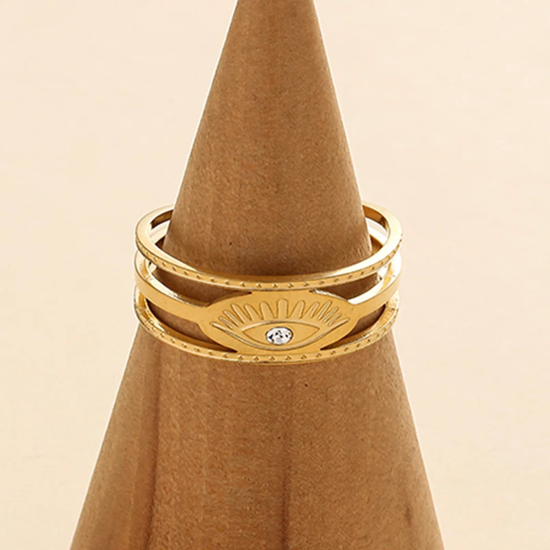 

Vintage Classic Evil Eye Opening Rings for Women Girls Personality White Diamond Inlay Gold Stainless Steel Finger Ring Jewelry