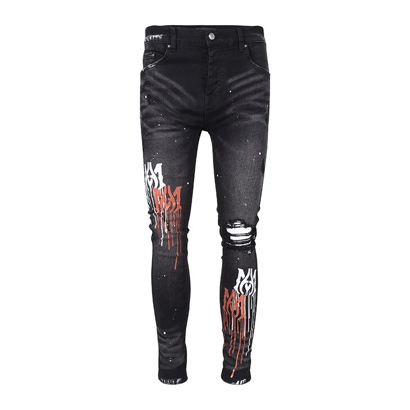 

Denim for Men Distressed demin Skinny Ripped Streetwear Damaged Rhinestones Painted Slim Fit Stretch Destroyed Jeans luxury sale