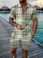 mens casual polo shirtshorts set summer fashion tracksuit turn down collar zipper clothing plaid print outfits male suit