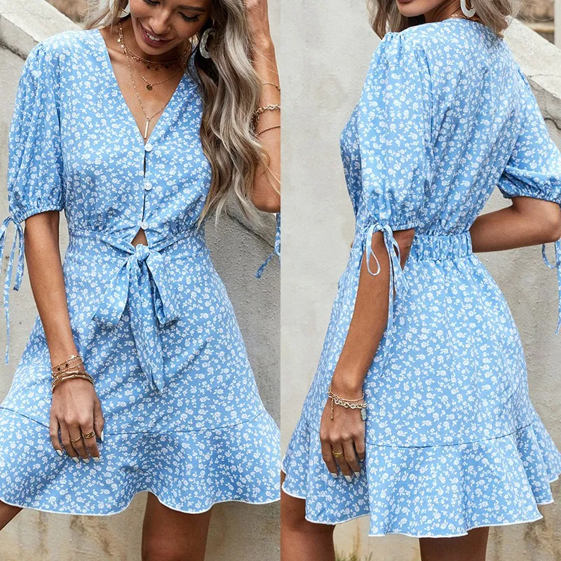 

Женское свежее и милое синее платье с V-образным вырезом и бантом