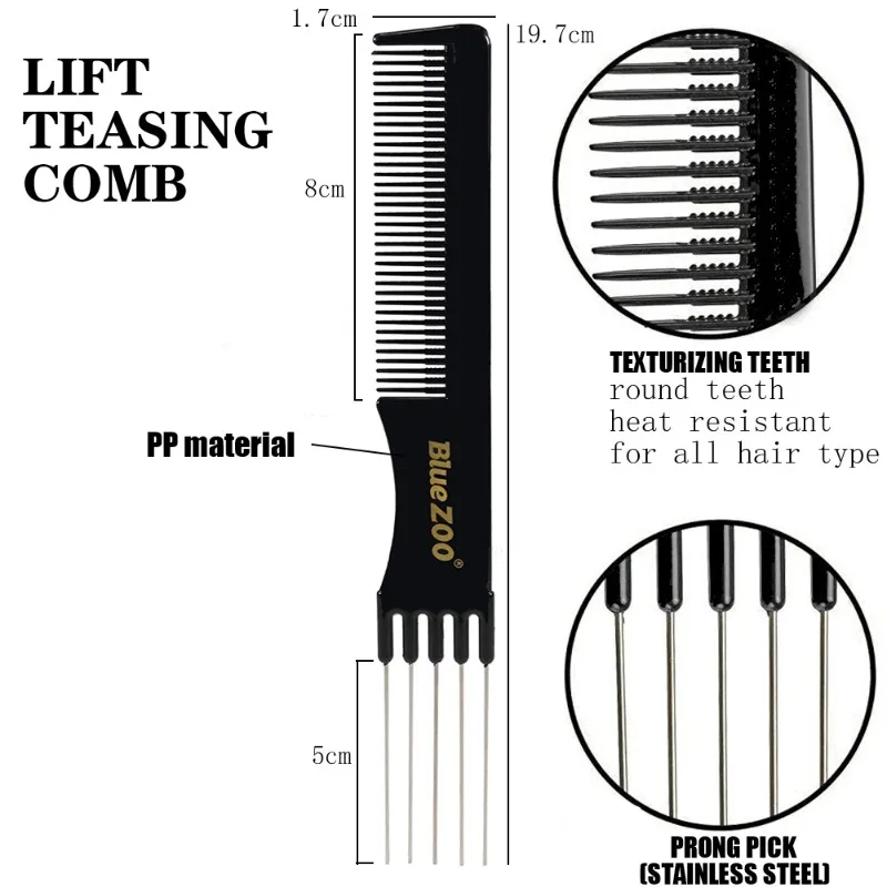

BlueZOO Cross Border Hot Print Logo Salon Hairdressing Shop PP Material Insertion Comb Oil Scraper Steel Needle Comb Black