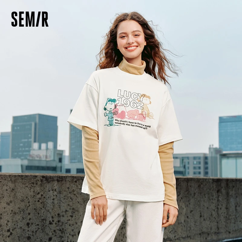 Фото Футболка Semir женская с коротким рукавом, хлопковая одежда средней длины с принтом, осень 2024 №1