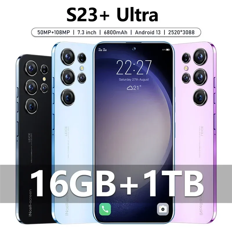 

Смартфон S23 Ultra 7,3 HD, 16 ГБ + 1 ТБ, телефон с двумя Sim-картами, Android, разблокированный, 7800 МП, мАч