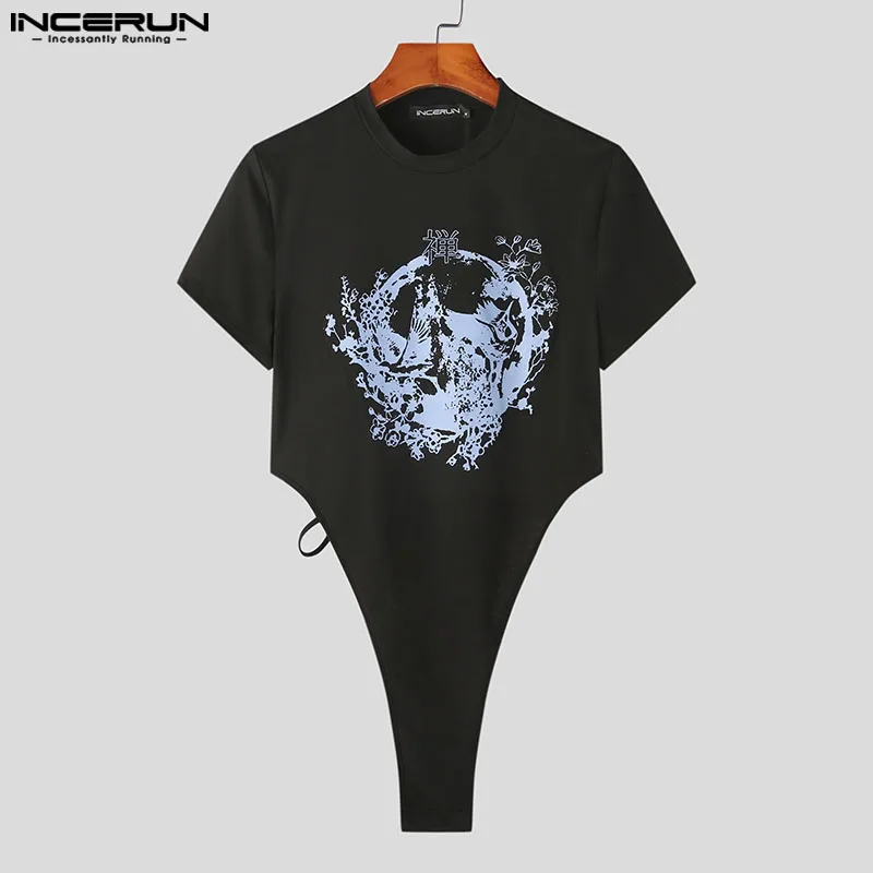 

Men Bodysuits Printed O-neck Short Sleeve Streetwear Casual Male Rompers T Shirts 2023 Hollow Out Fashion Bodysuit S-5XL INCERUN