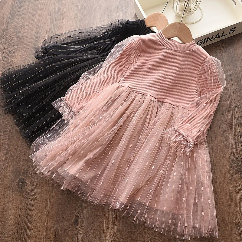 

Sequin Dress Girl Knitted Sweater O-neck Mesh Tulle Dress Princess Children Long Puff Sleeve Casual Spring Autumn Party Elbise