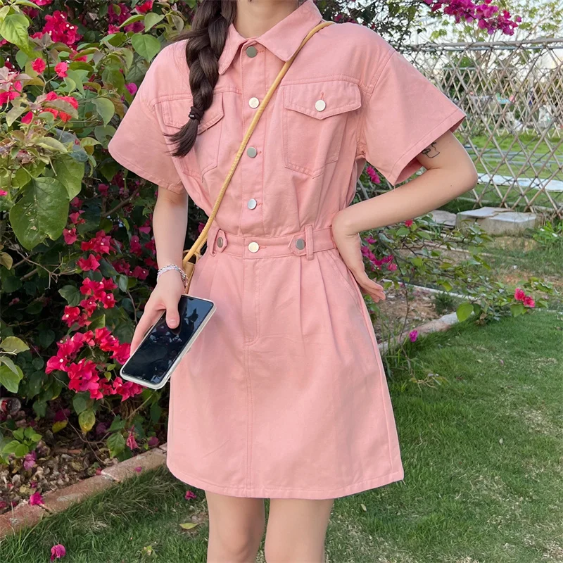 

New Arrival Summer Korean Women's Clothes Thin Dress Brand Luxury Fashion Short Sleeve Denim Shirt Dress Vestidos Robe