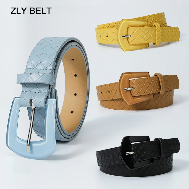 ZLY 2023 New Fashion Solid Belt Women Men Colorful PU Leather Material Alloy Metal Pin Buckle Rhomboid Pattern Casual Style Belt