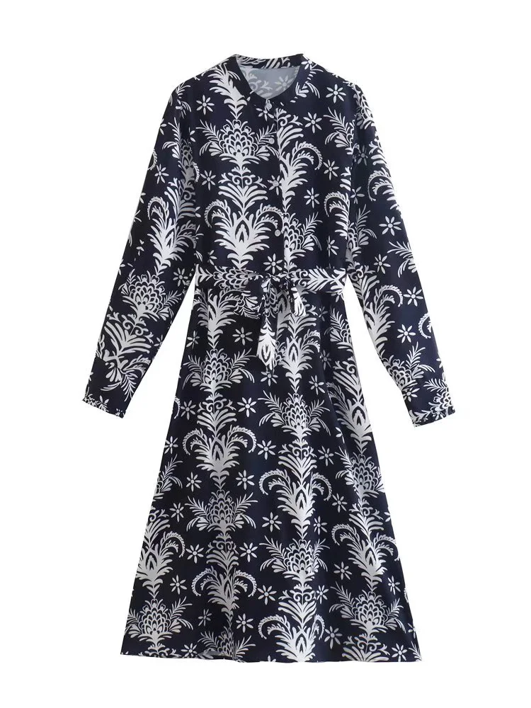 

Женское винтажное платье миди с цветочным принтом, элегантное уличное платье до середины икры с поясом, бантом и длинным рукавом, лето 2022