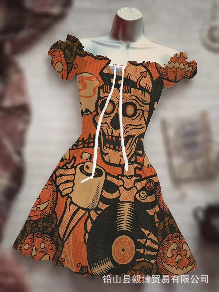 

Summer New Skull Halloween Horror Women's 3D Print Dress Summer Fashion Party Sexy Dress Girls' Dress Y2K Lolita Midi Dress