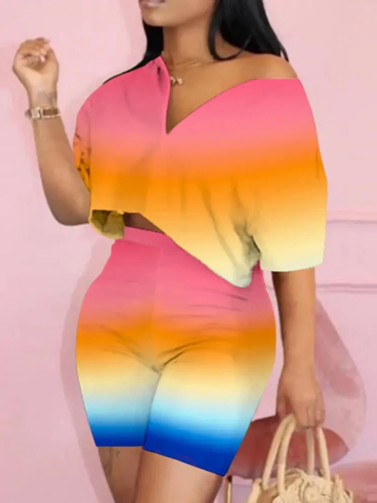 

Shein Romwe 2022 Summer Ombre V-Neck Crop Top & Shorts Set Of Two Fashion Casual Pieces For Women Free Shipping