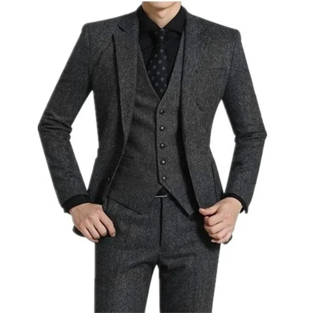 

3 piece Grey Tweed Men Suits for Wedding Peaked Lapel Custom Casual Groom Tuxedos 2021 Winter Man Fashion Clothes Jacket pants